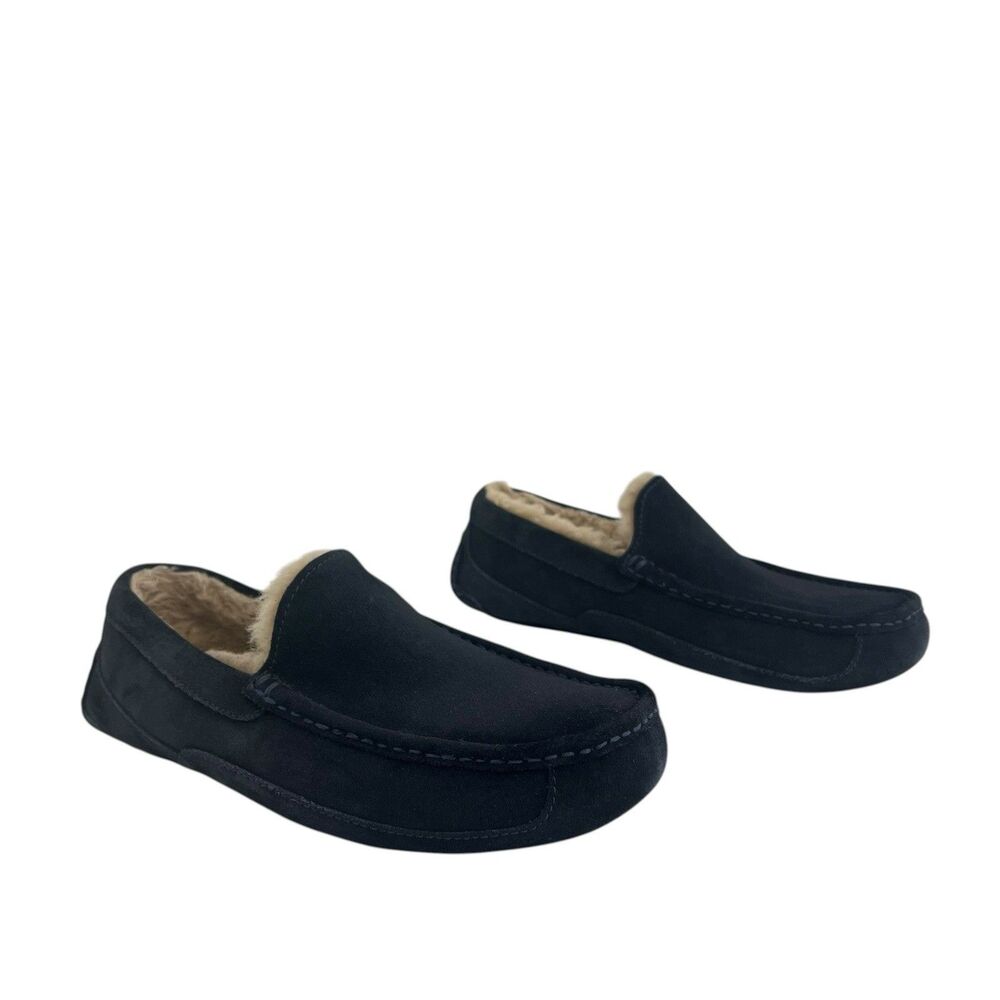UGG Ascot Mens Size 9 Navy Suede Shearling Slippers Moccasin House Shoes